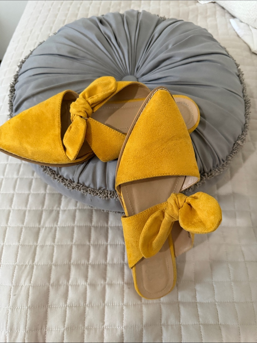 Mustard Yellow Bow Pointed-Toe Slip-On Flats